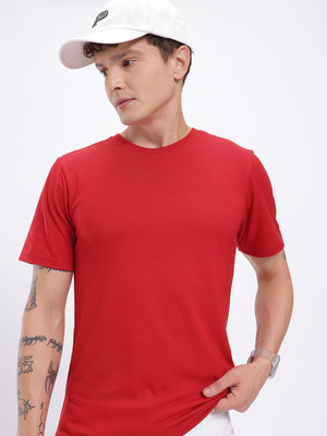 Glitchez Solid Men Round Neck Red T-Shirt