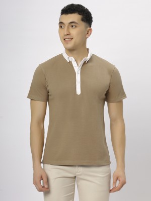 N AND J Solid Men Polo Neck Brown T-Shirt