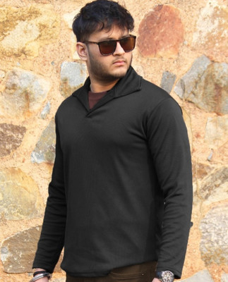 LIME Self Design Men Polo Neck Black T-Shirt