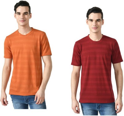 KAVYA Striped Men Round Neck Maroon, Orange T-Shirt