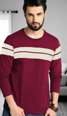 Autna Striped Men Round Neck Maroon T-Shirt