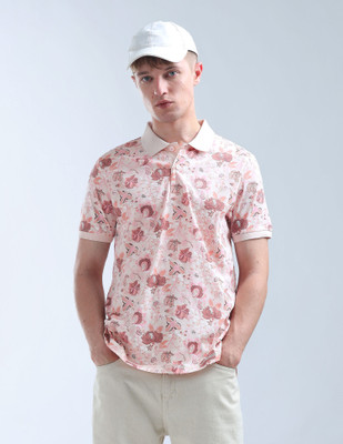 FLYING MACHINE Floral Print Men Polo Neck Pink T-Shirt