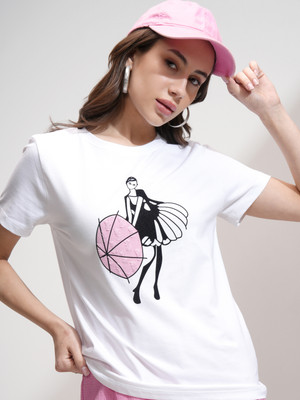 Tokyo Talkies Printed Women Polo Neck White T-Shirt