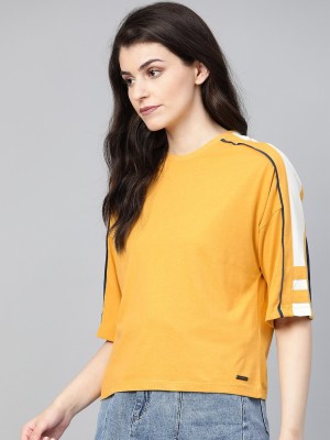 Roadster Colorblock Women Round Neck Yellow T-Shirt