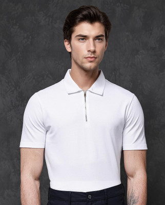 Conway Solid Men Zip Neck White T-Shirt