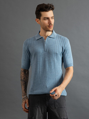 CHKOKKO Self Design Men Polo Neck Blue T-Shirt