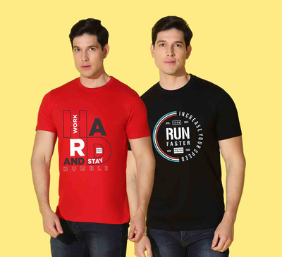 WOOSTRO Printed Men Round Neck Black, Red T-Shirt