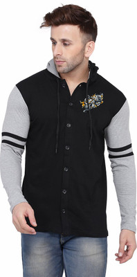 GEUM Solid Men Hooded Neck Black, Grey T-Shirt