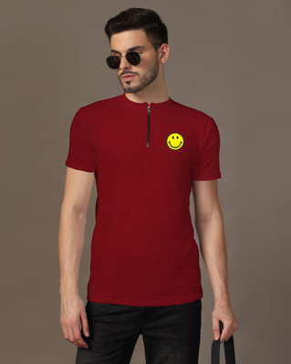 Lawful Casual Printed Men Mandarin Collar Maroon T-Shirt