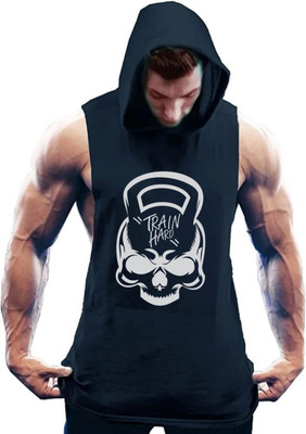 SPOWEARY Graphic Print Men Hooded Neck Navy Blue T-Shirt