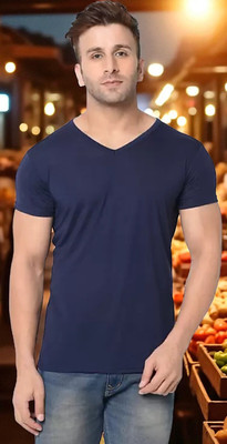 Faricon Trending Solid Men Round Neck Dark Blue T-Shirt