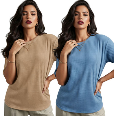 VDTREND Self Design Women Round Neck Blue T-Shirt