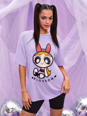 THE POWER PUFF GIRLS by DreamBe Printed Women Round Neck Purple T-Shirt