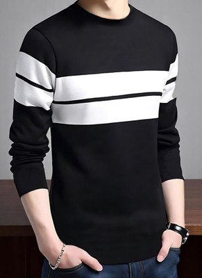 FAOES Striped Men Round Neck Black T-Shirt