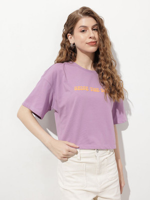 Dressberry Printed Women Round Neck Grey T-Shirt