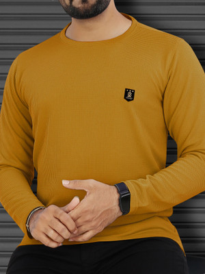 VeBNoR Self Design Men Round Neck Yellow T-Shirt