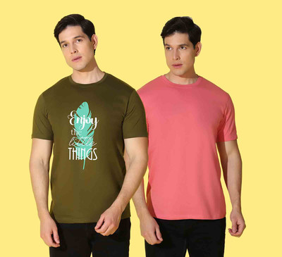 WOOSTRO Printed, Solid Men Round Neck Pink, Green T-Shirt
