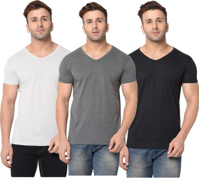 JB Jagoboy Self Design, Solid Men V Neck White, Black, Grey T-Shirt