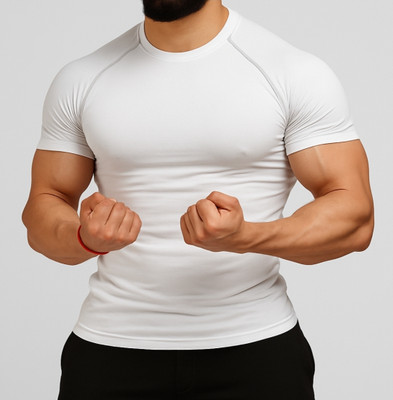 Emo Solid Men Round Neck White T-Shirt
