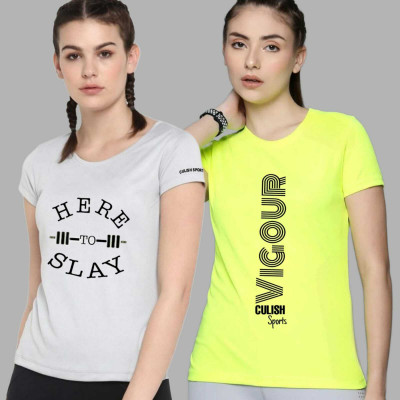 SPOWEARY Printed Women Round Neck Grey, Light Green T-Shirt