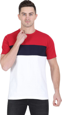 Styvibe Colorblock Men Round Neck White, Maroon, Blue T-Shirt