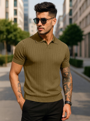 Veirdo Self Design Men Polo Neck Green T-Shirt