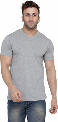 Money Leaf Solid Men V Neck Silver T-Shirt