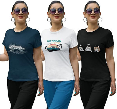 Carbonyte Printed Women Round Neck Navy Blue, White, Black T-Shirt