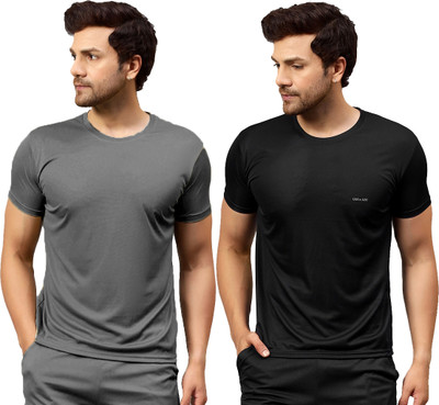 UDI n ADI Solid Men Round Neck Dark Blue, Black T-Shirt