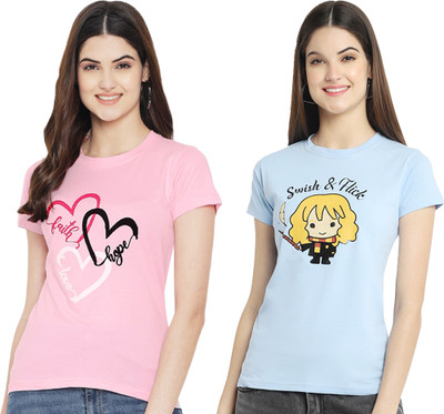 Tromko Printed Women Round Neck Blue, Pink T-Shirt