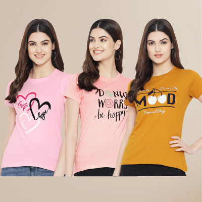 METRONAUT Printed Women Round Neck Pink, Yellow T-Shirt