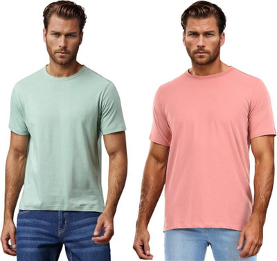 BlueFicus Solid Men Round Neck Light Green, Pink T-Shirt