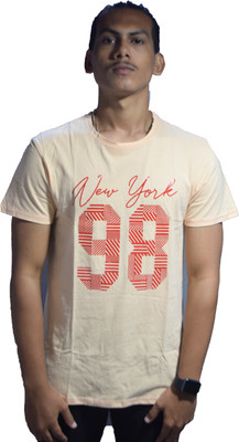 Leean Patterns Printed Men Round Neck Beige T-Shirt