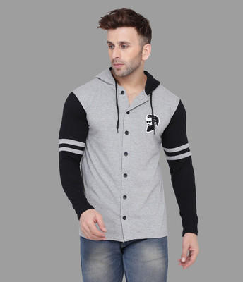 tfurnish Printed, Striped Men Hooded Neck Grey, Black T-Shirt