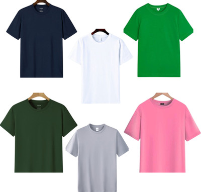 TTFE Solid Men Round Neck Navy Blue, White, Light Green, Green, Silver, Pink T-Shirt