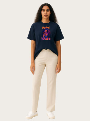 Peach Blossom Self Design Women Round Neck Dark Blue T-Shirt