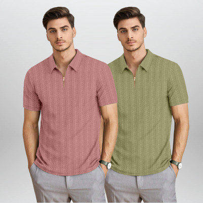 BROWEARS Self Design Men Polo Neck Pink, Green T-Shirt