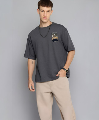 R.Code by The Roadster Life Co. Printed Men Round Neck Grey T-Shirt