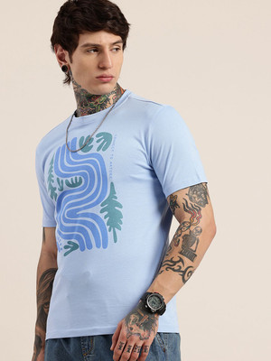 HERE&NOW Typography Men Round Neck Blue T-Shirt