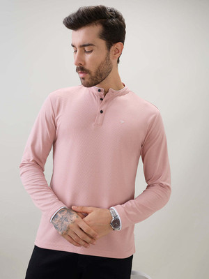 Status Quo Solid Men Henley Neck Pink T-Shirt