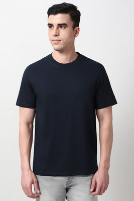 PETER ENGLAND Solid Men Crew Neck Dark Blue T-Shirt