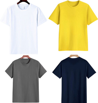 TTFE Solid Men Round Neck Grey, White, Yellow, Navy Blue T-Shirt