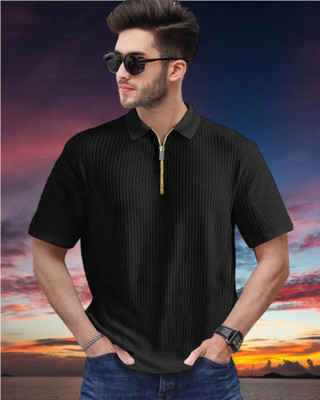 METRONAUT Self Design Men Polo Neck Black T-Shirt