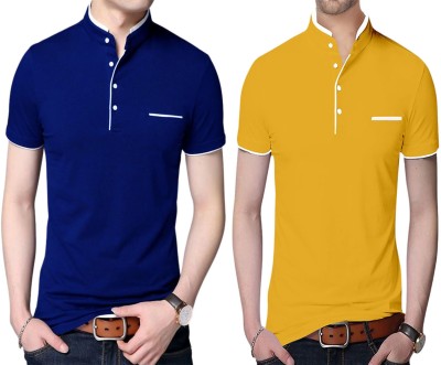 Yezi Solid Men Mandarin Collar Blue, Yellow T-Shirt