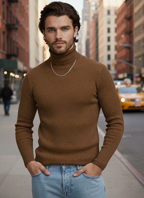LIME Solid Men Turtle Neck Brown T-Shirt