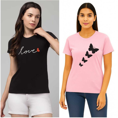 Sample Printed Women Round Neck Pink T-Shirt