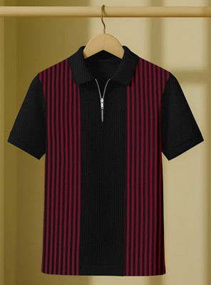 KAJARU Striped Men Zip Neck Black, Maroon T-Shirt