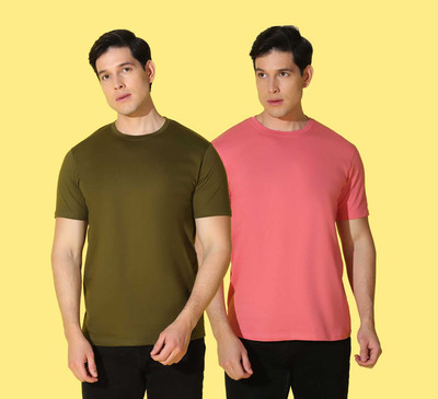 WOOSTRO Solid Men Round Neck Green, Pink T-Shirt
