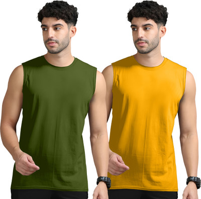Adorbs Solid Men Round Neck Dark Green, Yellow T-Shirt
