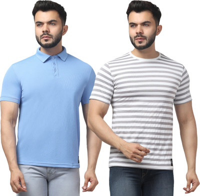 HOC Solid, Striped Men Polo Neck Light Blue, Grey, White T-Shirt